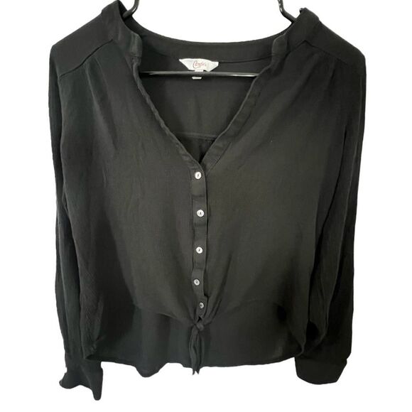 Candies Black Cropped Long Sleeve Button Up Flowy Blouse - Picture 1 of 4